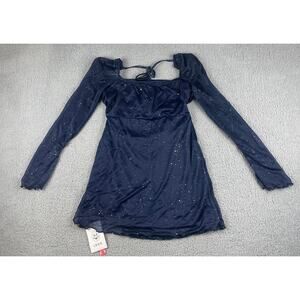 Cider Women's L Blue Glitter Knotted Square Neckline LS High Waist Mini Dress